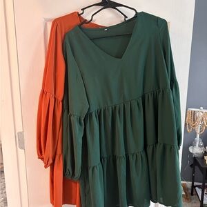 Long Sleeve Dress in Forest Green and Rust
